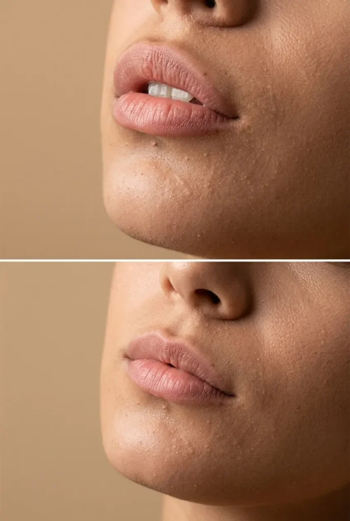 Dissolving lip filler before and after results showing reduced volume and natural lip shape.