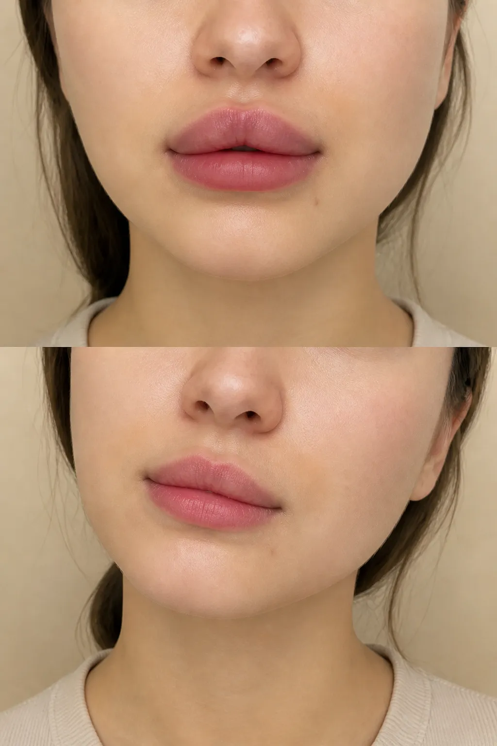 Dissolving lip filler benefits correction with improved symmetry and restored natural appearance.