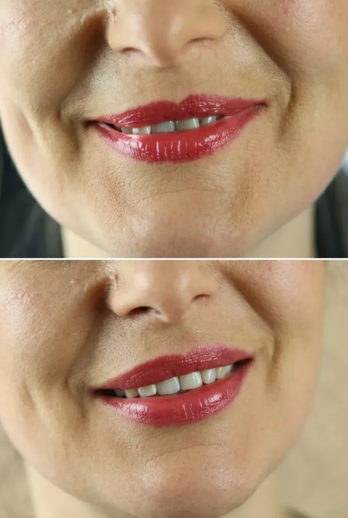 Lip filler asymmetry correction, balanced lips with improved symmetry and natural look.