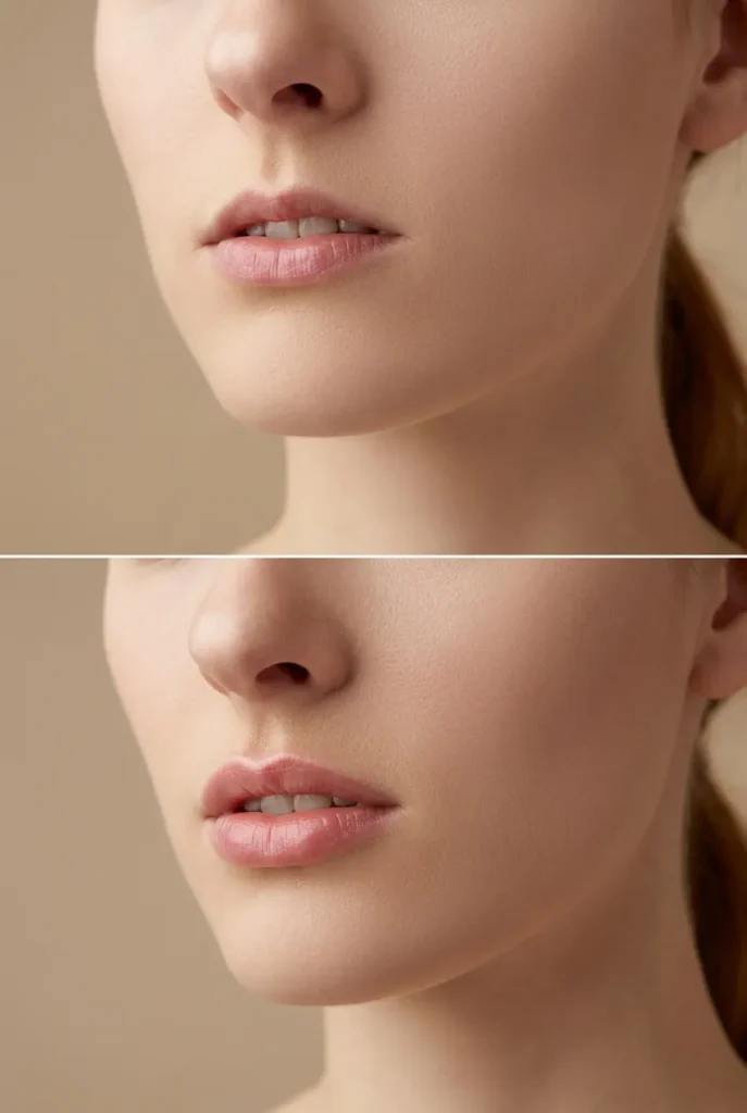Subtle lip filler standard augmentation with balanced volume and enhanced lip fullness.