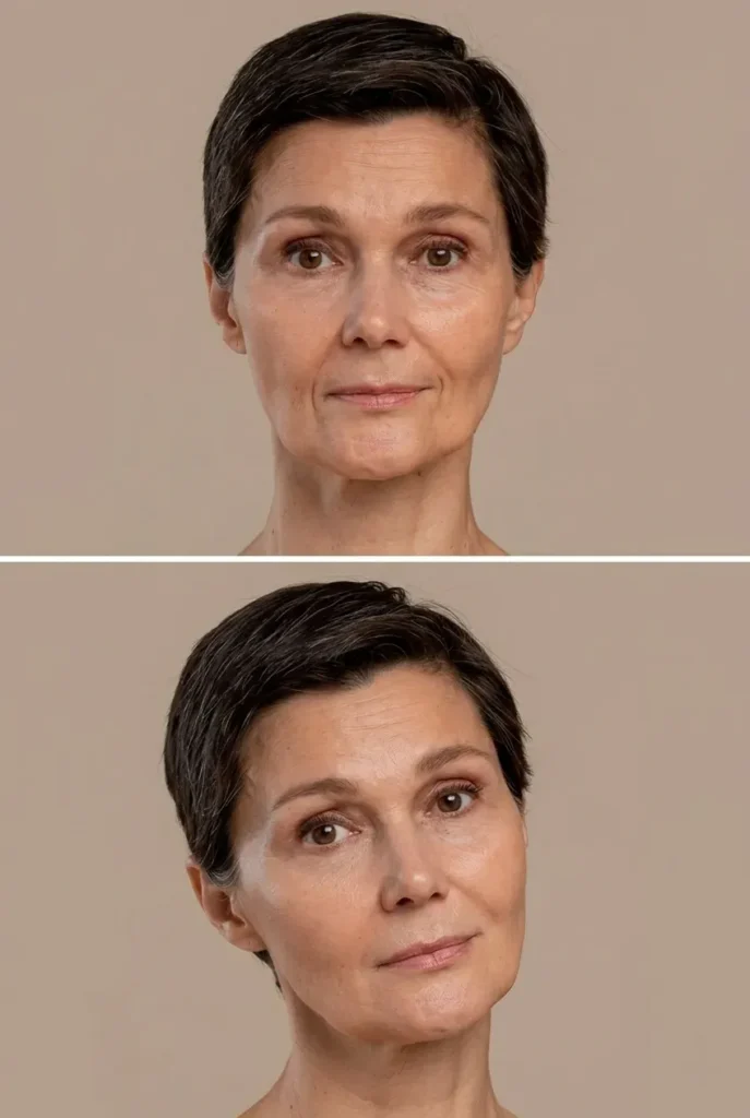 Marionette line filler before and after results showing smoother lower face and improved contours.