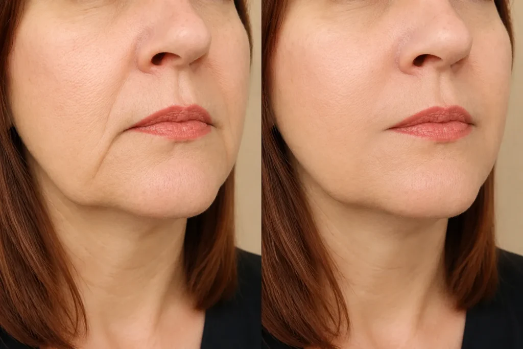 Marionette line filler treatments at a London clinic with a professional aesthetic procedure setting.