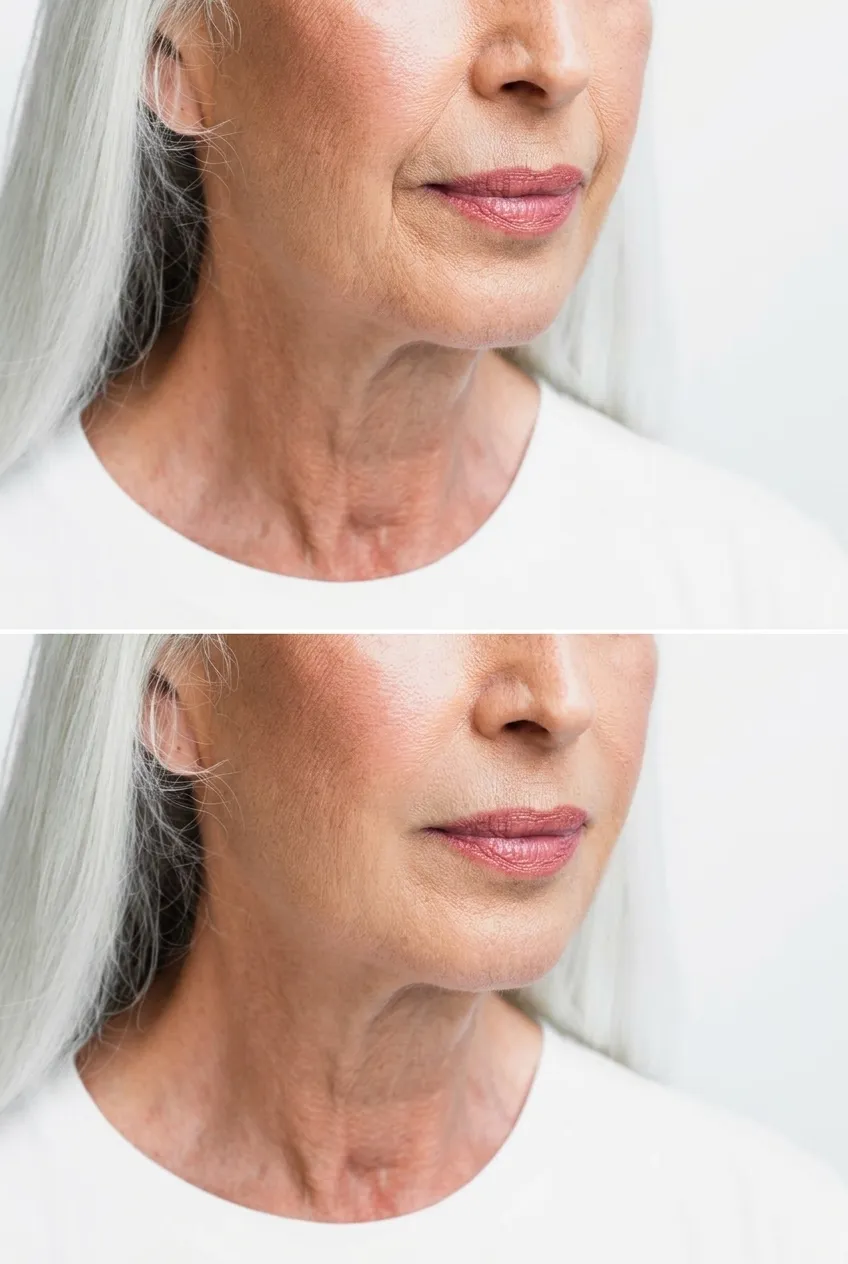 Nasolabial fold filler benefits skin smoothing with improved facial balance and youthful appearance.