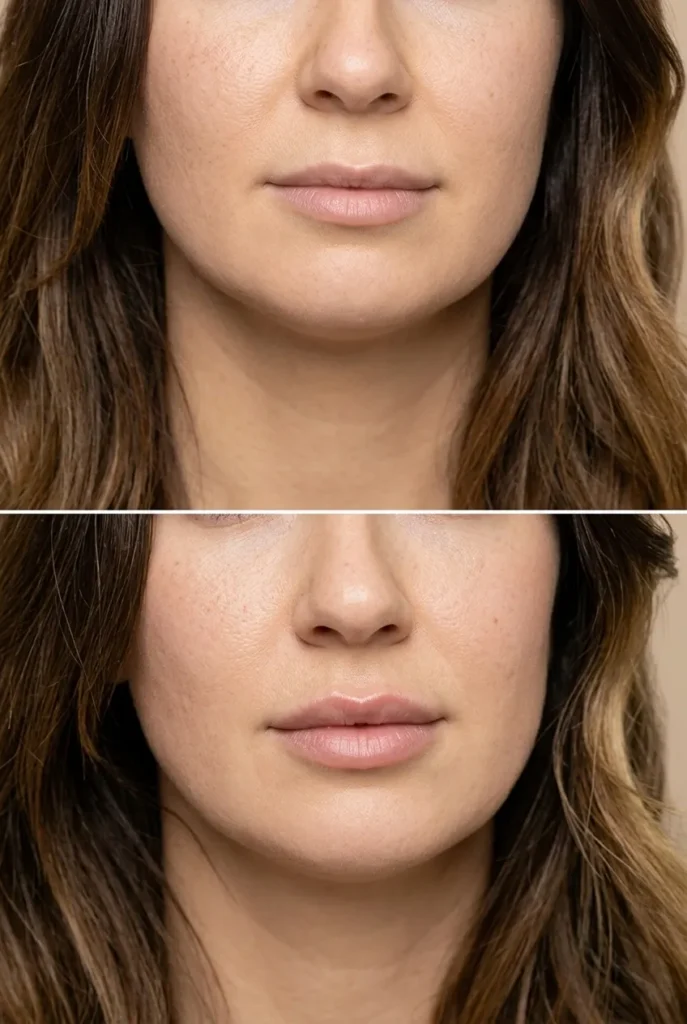 Subtle lip filler before and after results showing natural volume and refined lip shape.