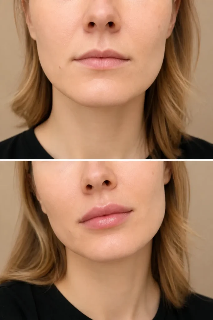 Thin lip filler before and after results showing fuller lips and improved shape.