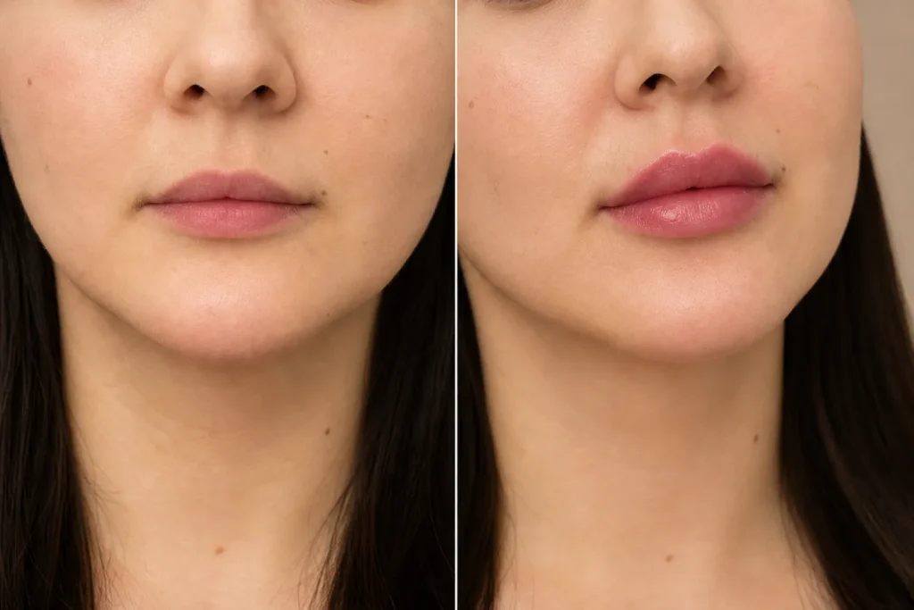 Thin lip filler treatments at a London clinic with natural enhancement and a professional aesthetic setting.